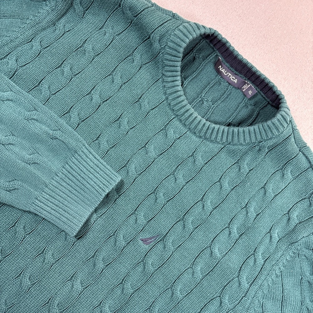 Nautica Mens Medium Ribbed Cable Knit Pullover Sweater 100% Cotton Chunky Green